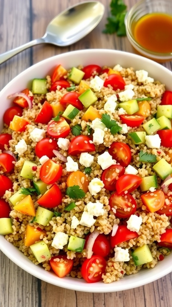 A vibrant Mediterranean quinoa salad with cherry tomatoes, cucumbers, bell peppers, and feta cheese, garnished with parsley.